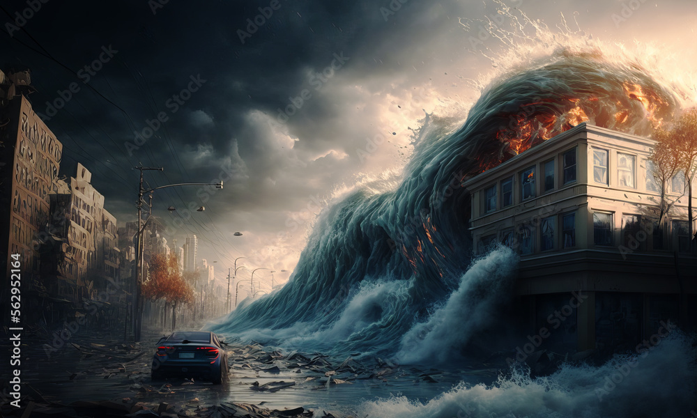 Huge tsunami destroying a city. Dramatic scenery with a big wave flooding the lanscape. Natural disa