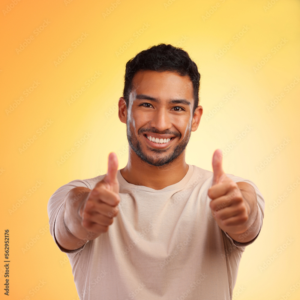 Happy man, thumbs up and like emoji portrait with smile and hands for advertising sale or promotion.