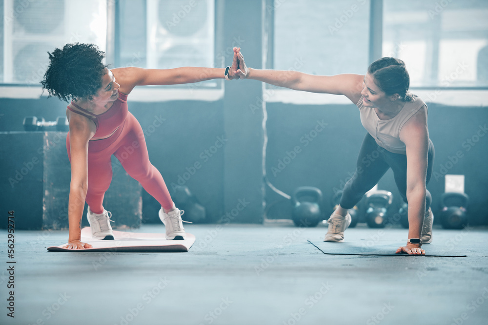 Woman, friends and high five for fitness on mat in plank or balancing on arm at the gym. Female part