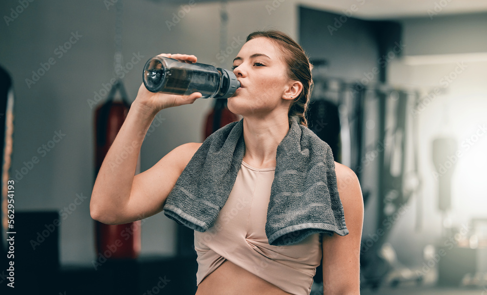 Exercise health, gym and woman drinking water for sports thirst hydration, fitness performance or ru