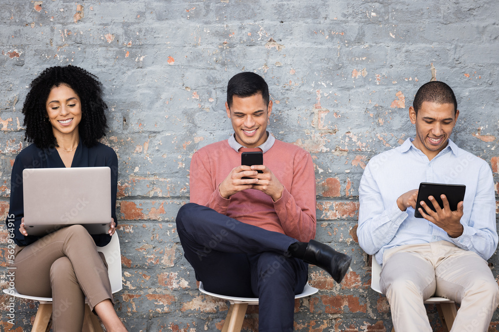 Interview, human resources or technology with business people waiting in line, using a laptop, phone