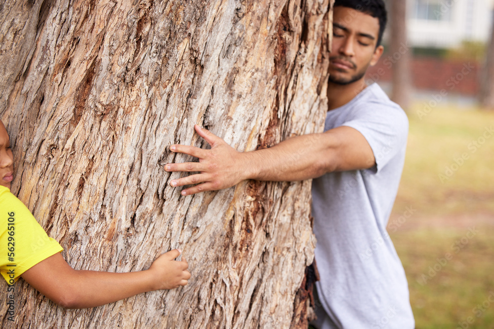 Nature, environment or couple hug tree for save the planet, deforestation support or community outre