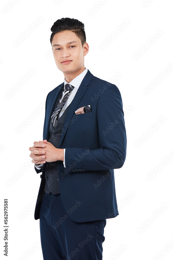 Asian businessman, portrait and hands clasped on isolated white background in about us, profile pict