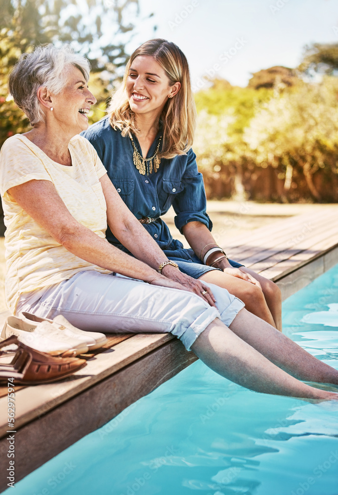 Women relax together, happy and swimming pool, love with care and quality time during summer vacatio