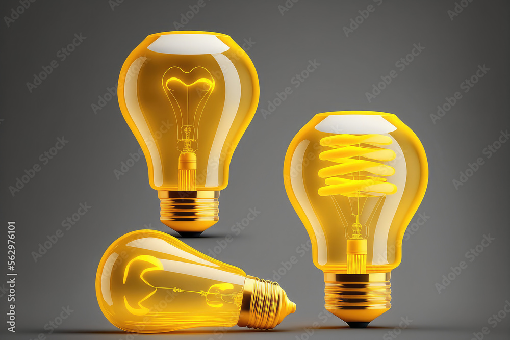 3d yellow light bulb icon set isolated on gray background. Render cartoon style minimal light bulb. 