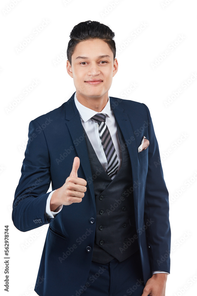 Asian, businessman portrait or thumbs up in success, vote or mission goals on isolated white backgro