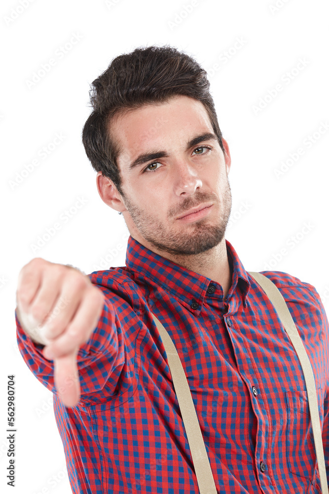 Sad, fail and portrait of a man with a thumbs down for no isolated on a white background in a studio