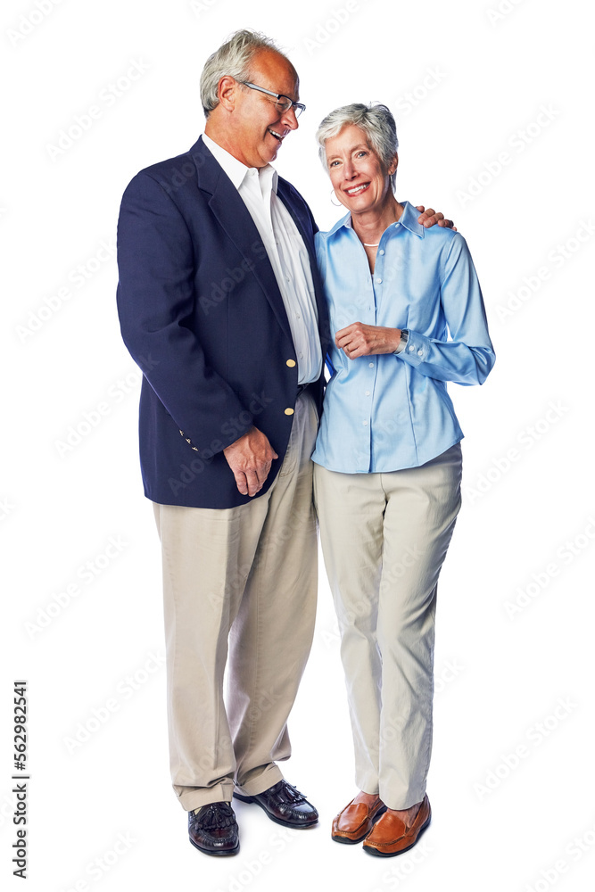 Senior, couple and love by man and woman happy and hugging isolated against a studio white backgroun