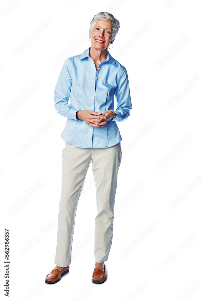 Senior, woman and portrait in studio, relax and happy, smile and cheerful on white background. Elder