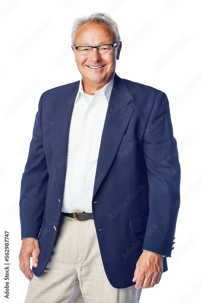 Senior manager and portrait of happy businessman with confident, proud and joyful smile in isolated 