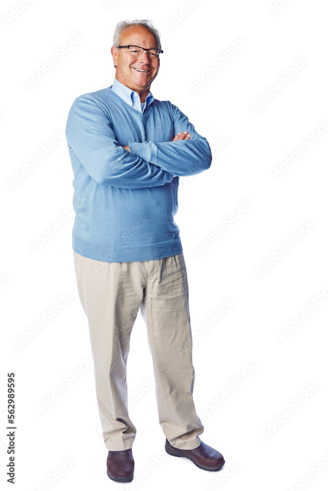 Elderly man, smile in portrait with retirement, life insurance and glasses, mockup isolated on white