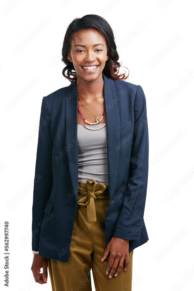 Portrait, corporate or business woman happy and smiling isolated against a studio white background. 