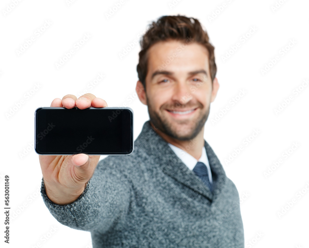 Happy, portrait or business man with phone screen for internet research, social media or networking 