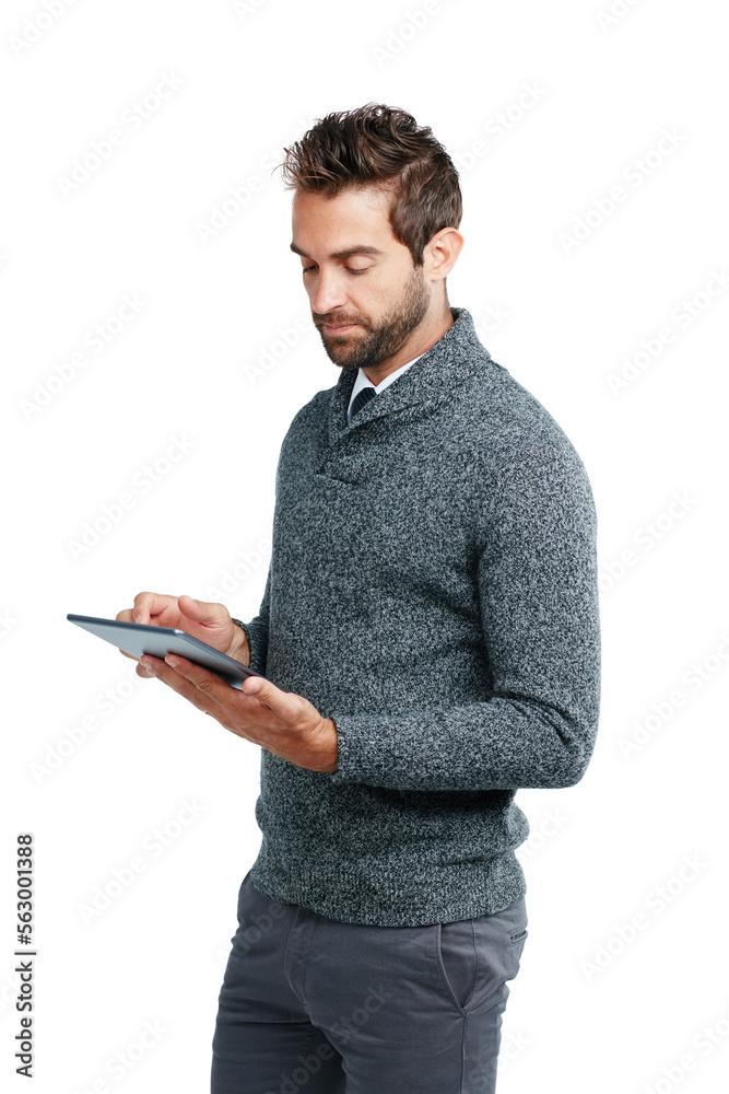 Serious, business man on tablet for research, social media content or networking in white background