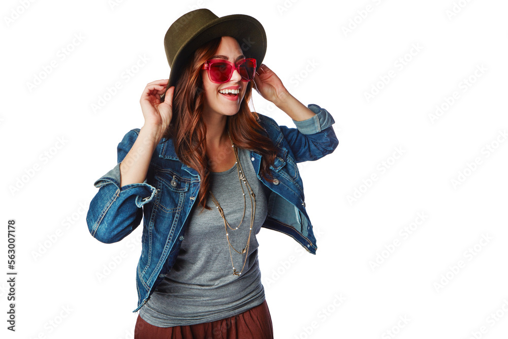 Thinking, fashion and girl youth happy with trendy style and sunglasses with smile for marketing. Ha