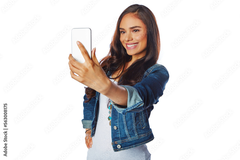 Woman, fashion or phone selfie on isolated white background for social media, profile picture or vid