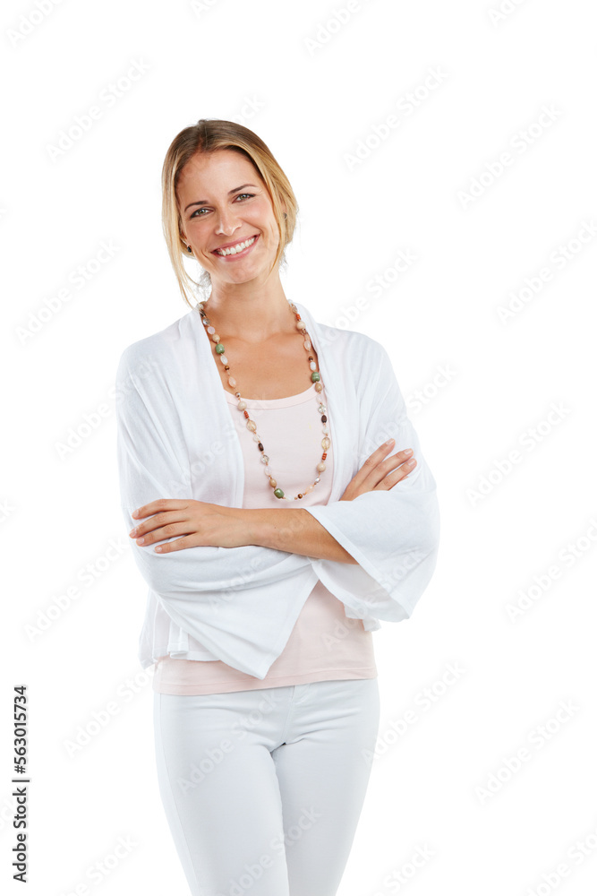 Woman with smile in portrait, arms crossed and happy in studio with success, mindset and style isola