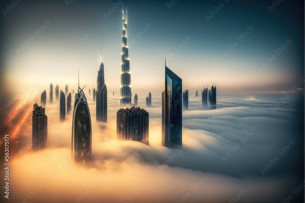 Top of skyscrapers building high above the clouds in the morning sunrise . Futuristic architecture o