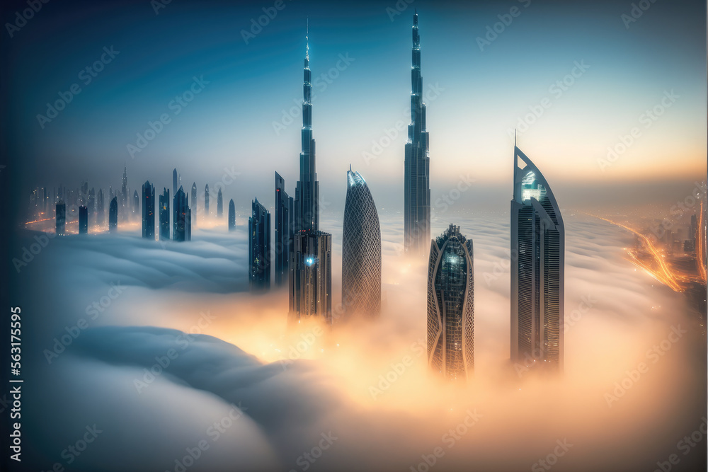 Top of skyscrapers building high above the clouds in the morning sunrise . Futuristic architecture o