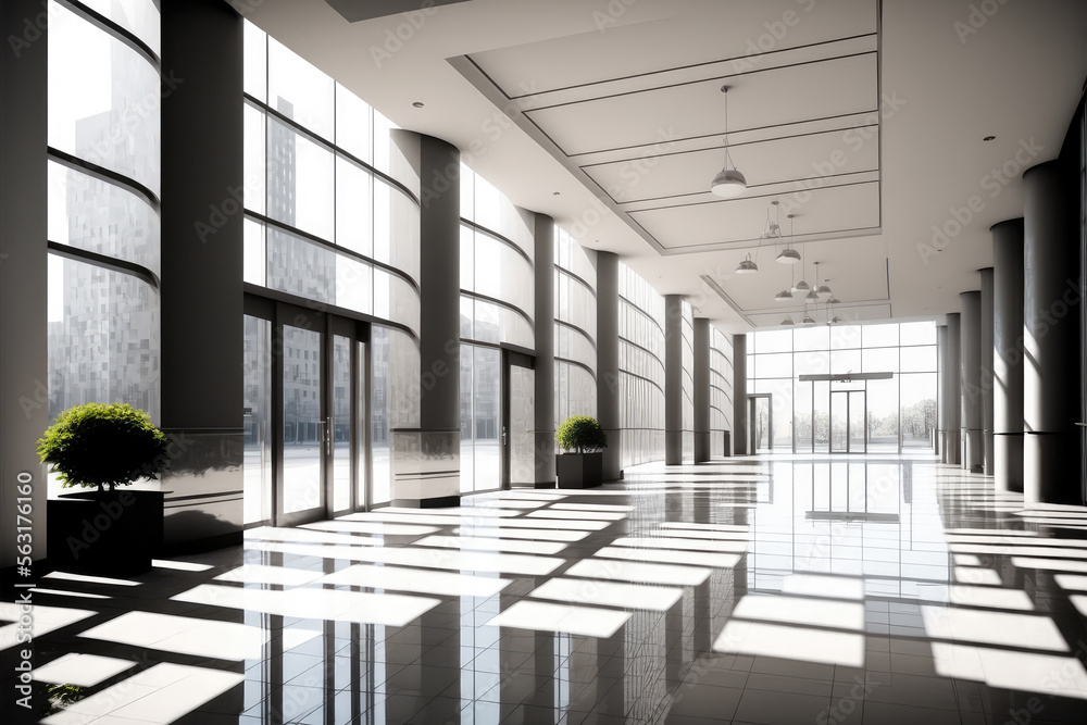 Empty entrance hall of modern public station or large convention center lobby . Contemporary beautif