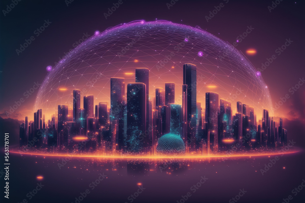 Futuristic smart city internet network connection through wireless system. Peculiar AI generative im