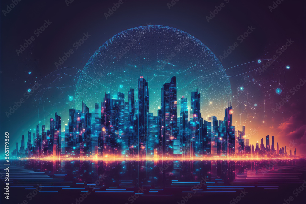 Futuristic smart city internet network connection through wireless system. Peculiar AI generative im