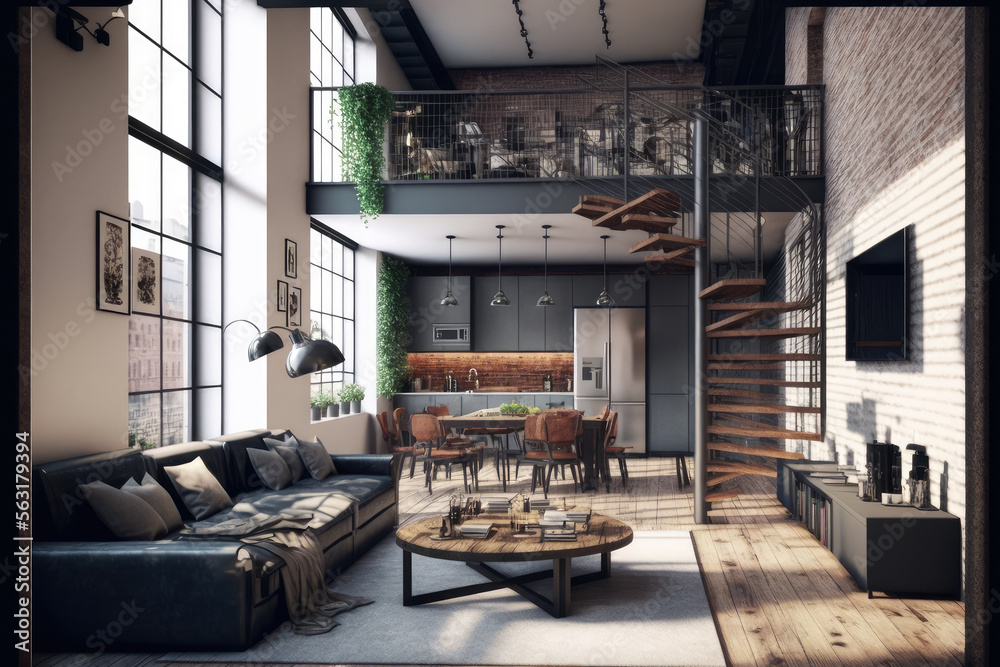 Luxury apartment decorated with industrial loft modern interior design. Peculiar AI generative image