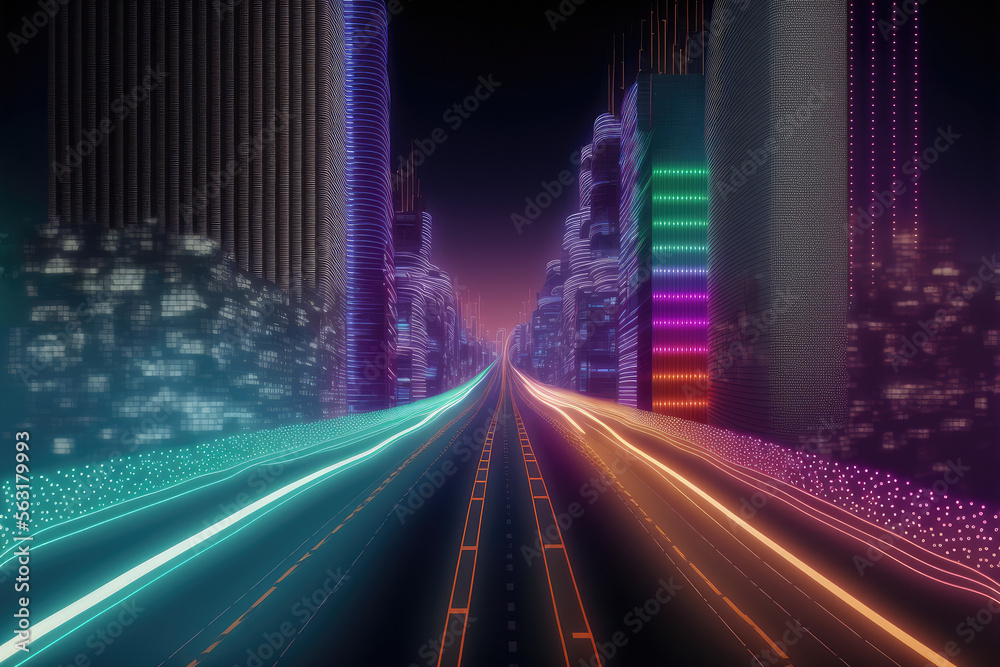 Abstract highway path through digital smart city graphic design. Peculiar AI generative image.