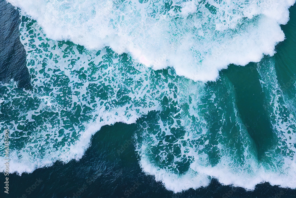 Spectacular aerial top view background photo of ocean sea water white wave splashing in the deep sea