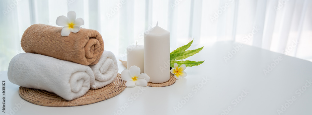 Spa accessory composition set in day spa hotel , beauty wellness center . Spa product are placed in 