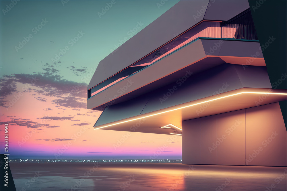 Sunset view of empty balcony floor on corridor of modern building exterior. Peculiar AI generative i