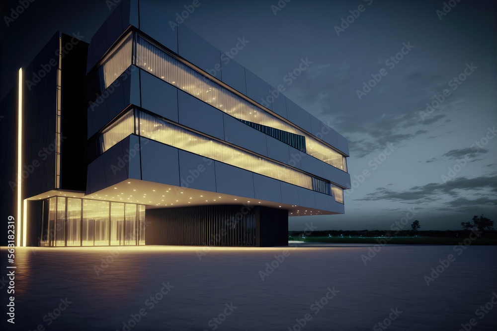 Office buildings and modern architecture at night. Peculiar AI generative image.