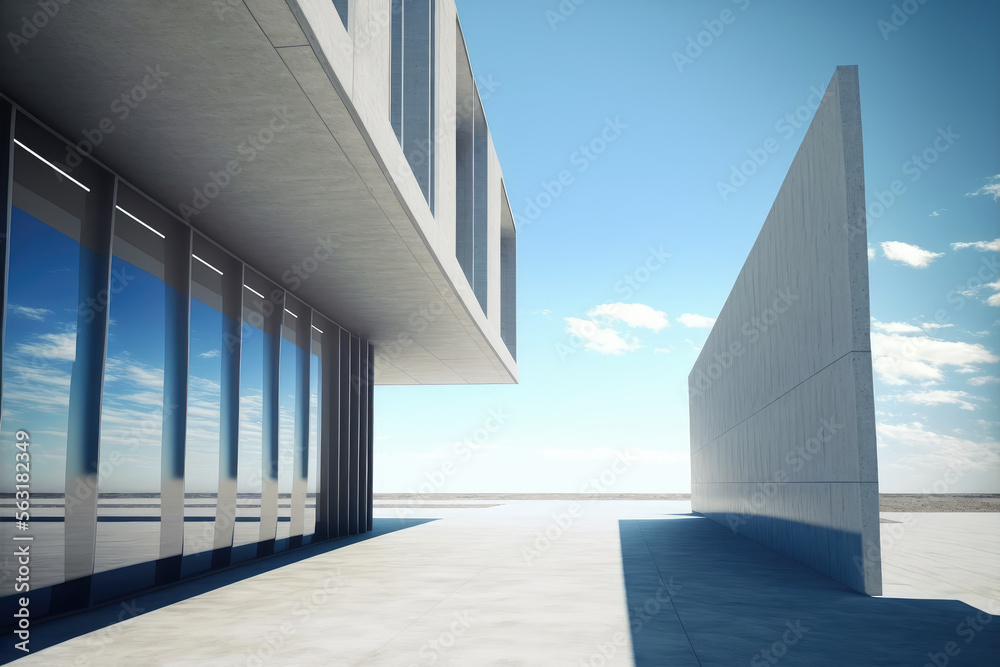 Modern architecture exterior of public hall entrance in urban building outdoor under bright sky with