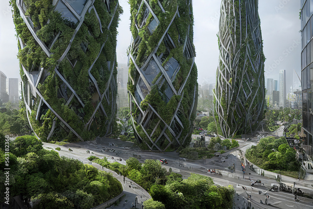 Splendid environmental awareness city with vertical forest concept of metropolis covered with green 