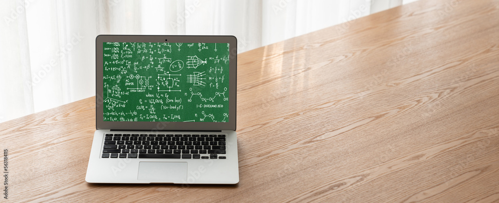 Mathematic equations and modish formula on computer screen showing concept of science and education