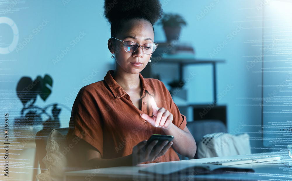 Hologram, futuristic overlay and black woman with phone in a business office reading code data. Fint