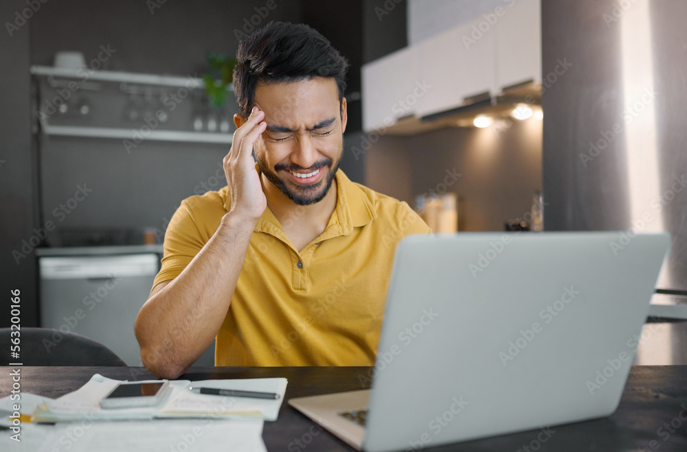 Man with headache, laptop for remote work and pain from stress and burnout, frustrated with glitch a