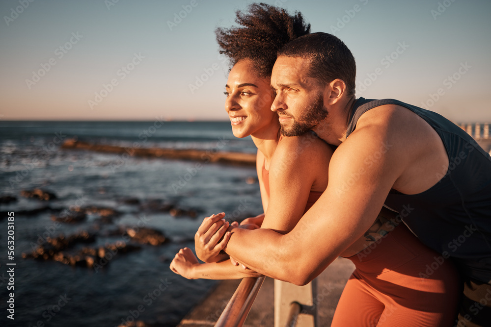 Couple hug with sunset at beach, outdoor with love and care in nature, exercise with sea view mockup