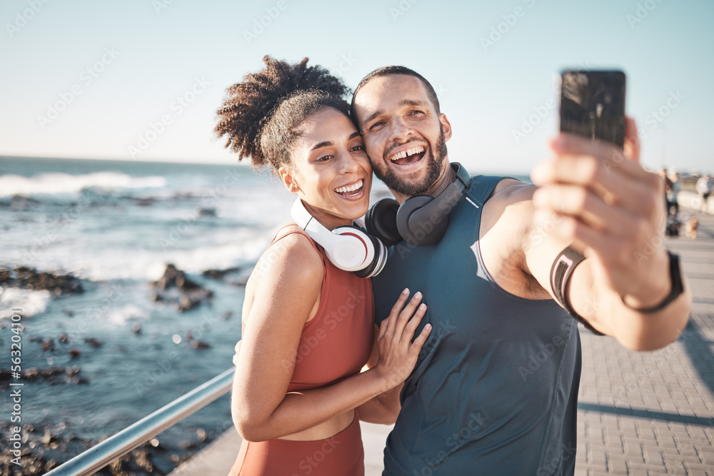 Fitness, couple and phone in beach selfie with smile for running, exercise or workout in the outdoor