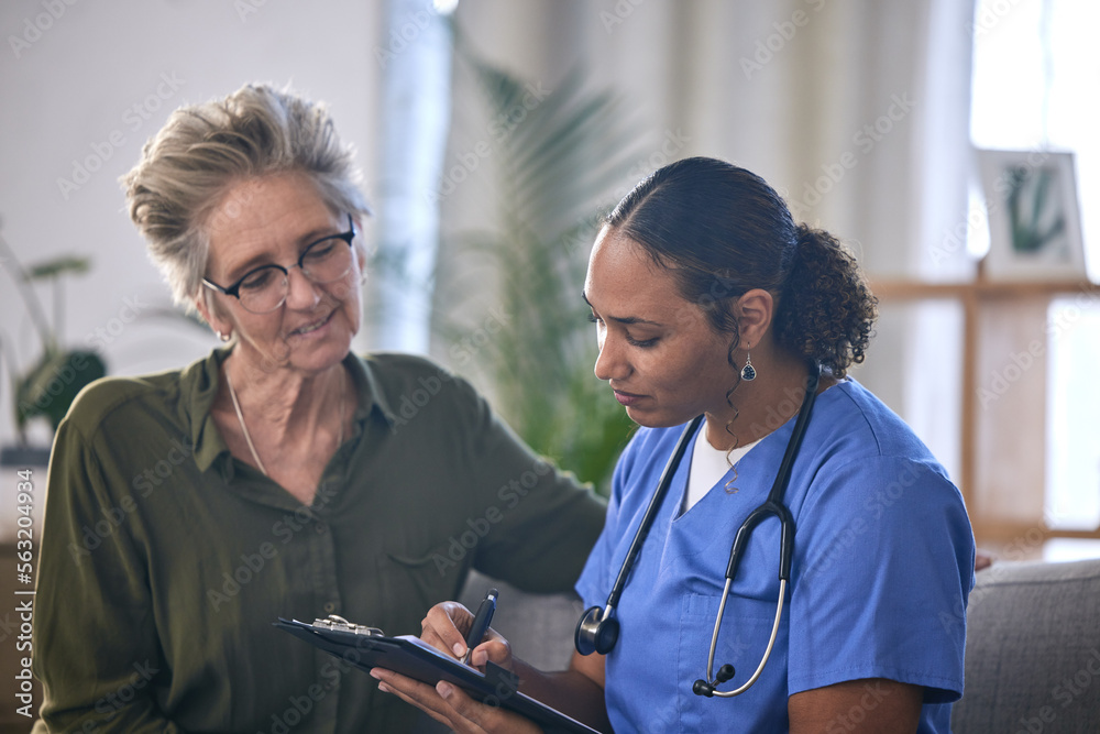 Medical, retirement and clipboard with a nurse and woman in consultation over treatment in a home. H