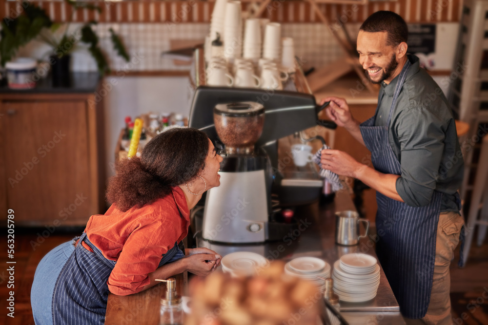 Coffee, cafe and barista couple laughing at funny meme, joke or comedy. Small business owners, waite