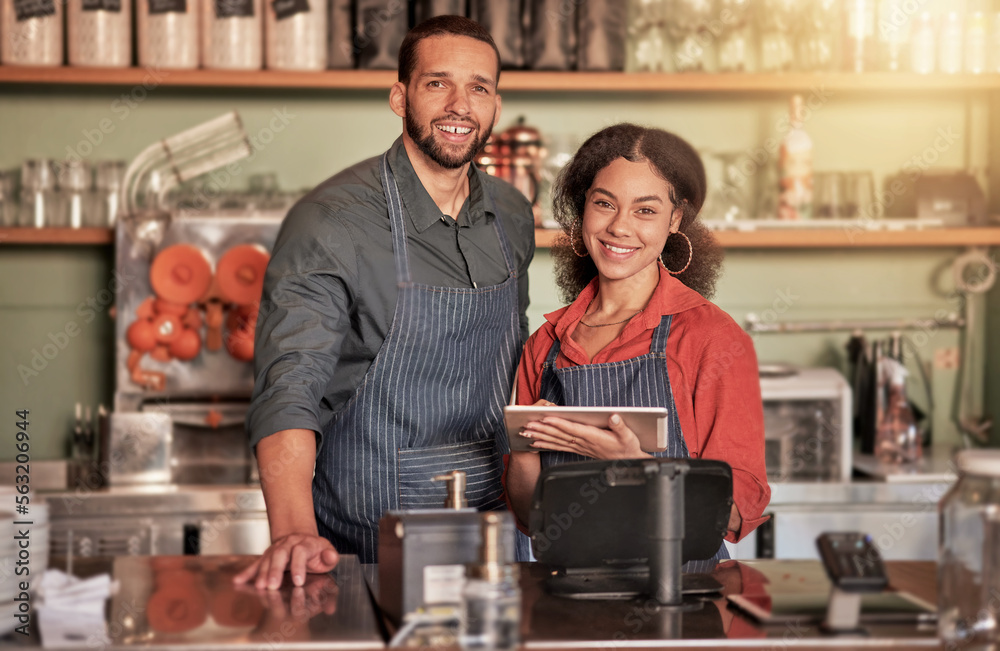 Portrait, cafe and barista couple with tablet ready to take orders in small business. Teamwork, dive