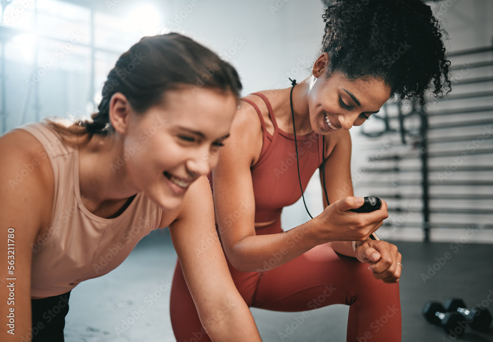 Fitness, smile and girl with a personal trainer for training, exercise time and performance monitor.