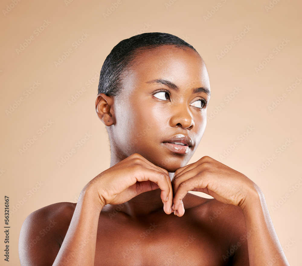 Beauty, wellness and face of black woman with hands to promote luxury treatment, cosmetics and makeu