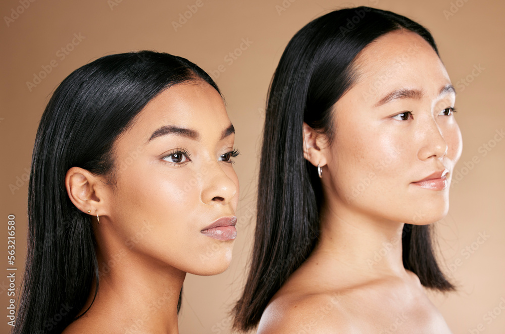 Face, skincare and diversity with model woman friends closeup in studio on a beige background. Beaut