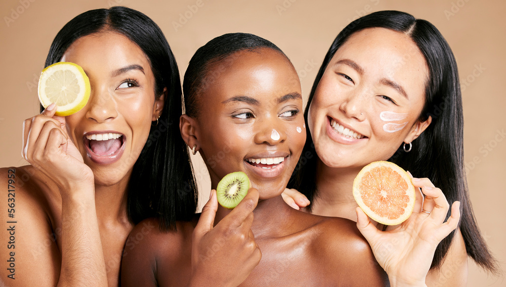 Face, fruits and women in portrait with cream for facial care, beauty and natural cosmetics isolated