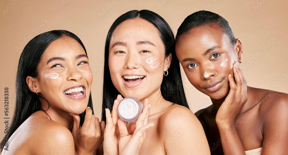 Beauty, face cream and portrait of friends in studio for wellness, grooming and hygiene on brown bac