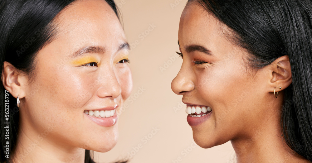 Face, makeup and diversity with model woman friends closeup in studio on a beige background. Skincar