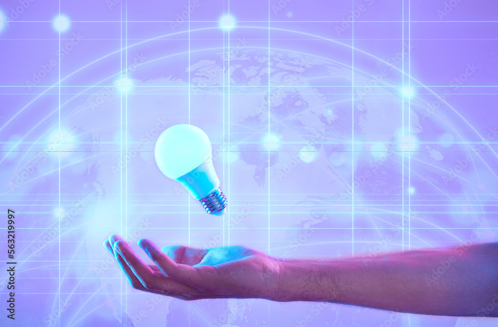 Lightbulb, hand and idea of future, global networking or ai technology on digital purple background.