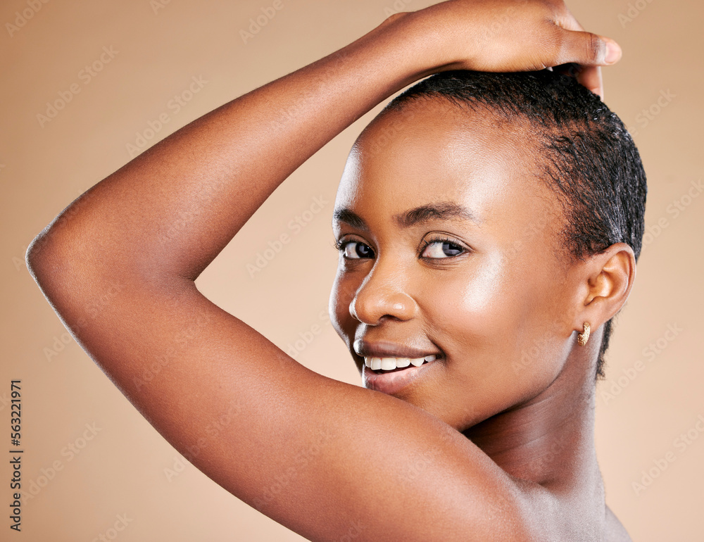 Beauty, skincare and portrait of black woman in studio to promote luxury treatment, cosmetics and ma